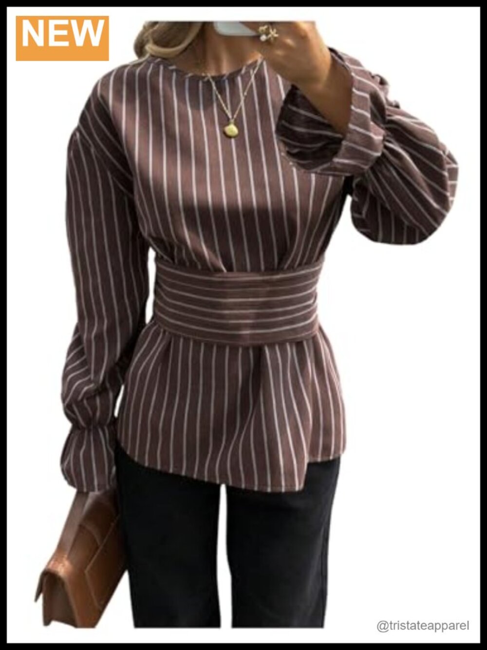 Striped Peplum Blouse Bishop Long Sleeve Crew Neck Dressy Top